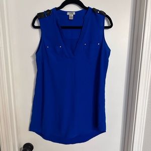 Caché blue blouse with faux leather and gold details